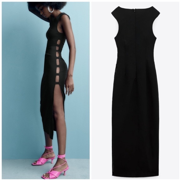 NEW Zara Bodycon Side Sexy Cut Out Black Midi Dress 8298/314 - Picture 1 of 13